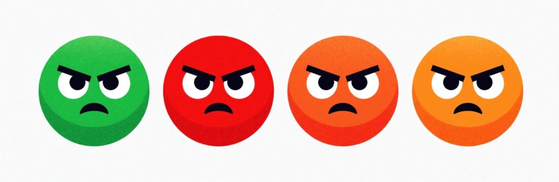 Four angry emoticons show varying degrees of displeasure with furrowed brows and frowns. Icons display frustration on a clean white background.