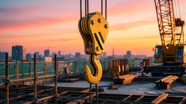 Yellow crane hook hangs at urban construction site with city skyline at sunset. Heavy machinery and steel beams await building progress at dusk.