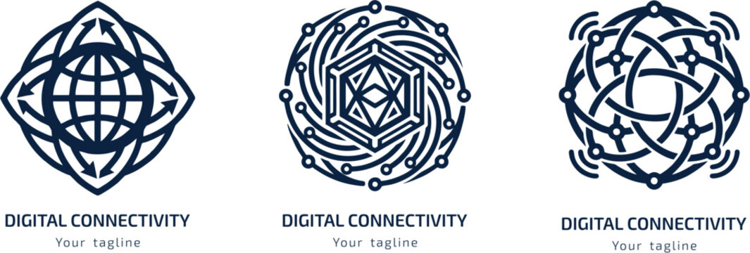Collection of premium digital connectivity logo designs featuring geometric network, orbital, and interconnected technology symbols in a clean monochrome vector style.