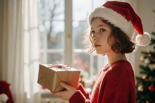 Young girl in Santa hat holding a wrapped Christmas gift, bathed in warm sunlight near a window with a festive background.