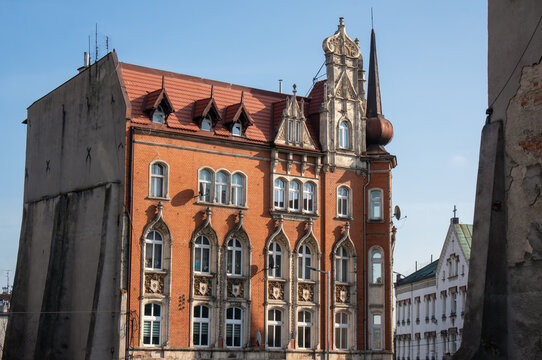 Rich architectural decoration of old house (Korfantego Street). Bytom, Poland.