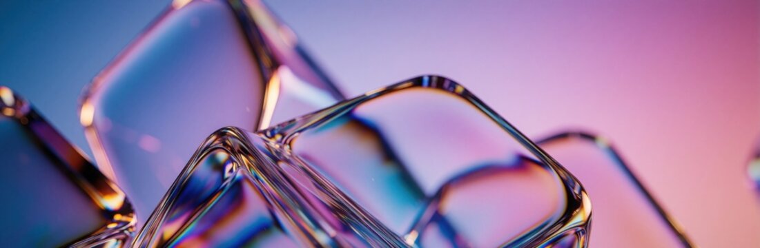 Abstract background with chaotic glass shapes. Transparent 3D geometric cubes feature colorful reflections in blue, purple, pink tones. Modern crystal design with light refraction creates dynamic