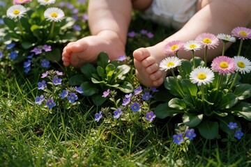 Fototapeta premium Close up of tiny baby feet resting among colorful spring flowers in green garden. Little toddler feet touch daisy, small blue blossoms on rich lawn. Innocent child enjoying nature, outdoor life in