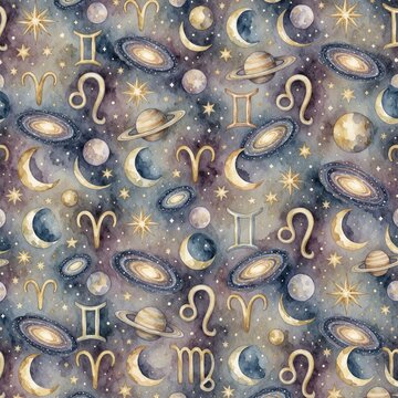 Cosmic watercolor pattern with zodiac signs moons planets and galaxies on dark starry background. Celestial horoscope seamless texture for astrology graphic design textile print and wallpaper.