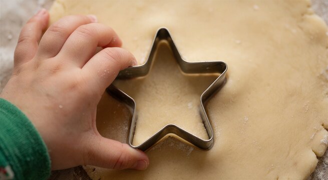 Childs hand pressing a star cookie cutter into rolled dough, preparing festive Christmas treats in a warm kitchen setting.