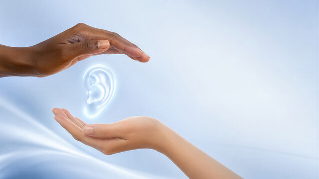 Hands of different skin tones protecting glowing ear hologram. Hearing care and deafness awareness concept. International Deaf Day symbol, audiology, inclusion and hearing health.