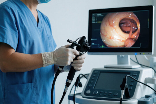 Doctor holds endoscope for internal body exam on screen. Medical pro uses modern tech for colonoscopy procedure in clinic. Digital display shows intestine.
