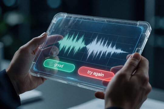 Person uses transparent screen device for voice analysis. Sound wave displayed shows good and try again options. Digital tech evaluates speech quality.