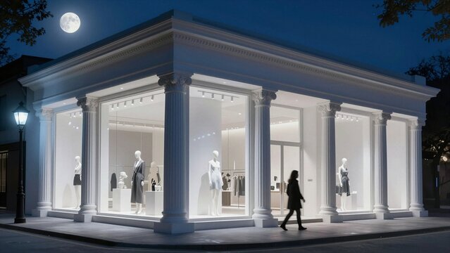 Elegant boutique storefront facade illuminated at night with classical columns, mannequins in display windows, and a full moon overhead.