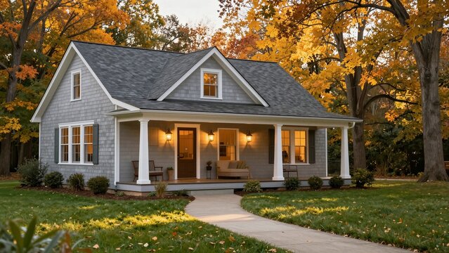 A cozy modern tiny house with warm lights glowing through windows, nestled among vibrant autumn trees and a well-kept lawn.