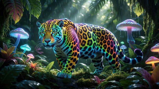 Rainbow jaguar walks through surreal jungle at night. Bioluminescent mushrooms glow in dark forest. Exotic cat with colorful spots moves in fantasy plant environment.