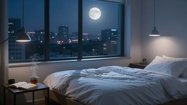 A serene night scene with a full moon over an urban skyline viewed from a softly lit bedroom featuring a bed, steaming tea, and open book.