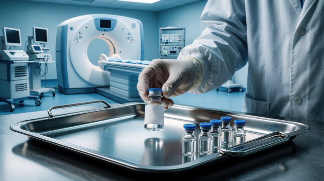Doctor holds radiopharmaceutical vial in imaging suite with CT scanner. Nuclear medicine tracer prep for oncology diagnostic care. Sterile vials on metal tray.
