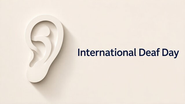 White paper cut ear shape on beige background with International Deaf Day text. Minimal banner design for hearing awareness, deaf culture, audiology and sign language concept