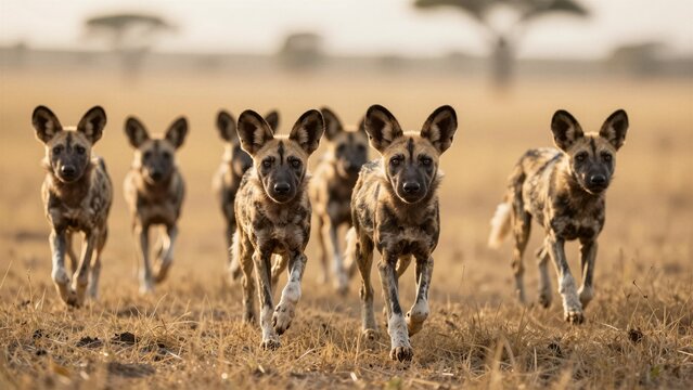 A pack of African wild dogs sprinting across golden grasslands under warm sunlight, showcasing their unique mottled coats and alert expressions.