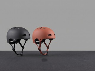 Fototapeta premium Modern matte bicycle helmets, black and terracotta skate helmets, safety gear