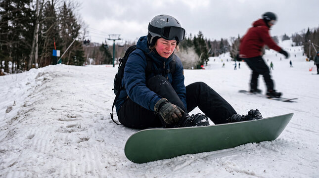 A snowboarder sits on the snow at a ski resort. The person is adjusting the snowboard. Other snowboarders are visible in the background. It is daytime with cloudy skies