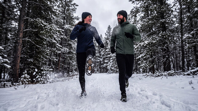 Two friends are running on a snowy path in a forest. The trees are covered with snow, and they are enjoying their time outdoors on a winter day