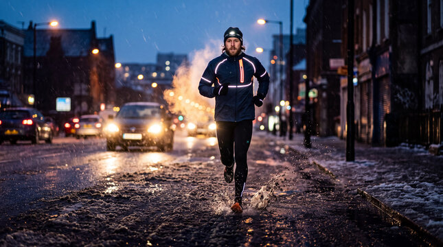 A runner moves along a city street in the winter. Snow covers the ground as cars pass by. It is dark and cold while the runner keeps a steady pace