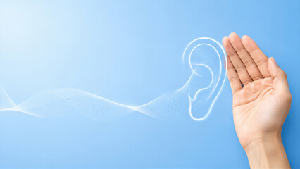 Obraz premium Woman hand cupped near glowing digital ear with sound waves on blue background. Hearing loss and deafness awareness concept for International Deaf Day. Audiology and ear care.