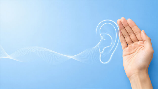 Woman hand cupped near glowing digital ear with sound waves on blue background. Hearing loss and deafness awareness concept for International Deaf Day. Audiology and ear care.