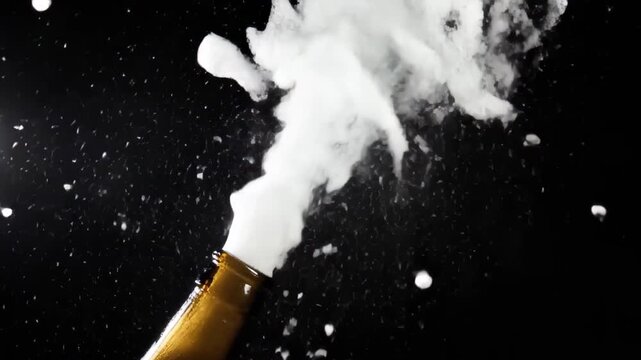 Cinematic slow motion of beer bottle cap popping off with foamy explosion