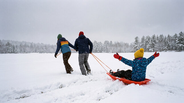 Two friends pull another friend on a red sled through deep snow in a vast white field. Trees covered in snow are in the background, showing a clear winter scene