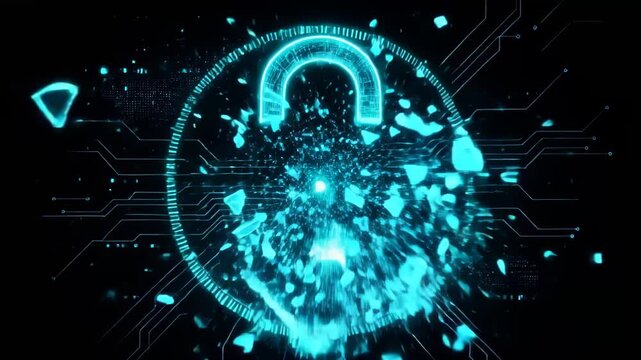 Digital padlock symbol glows with blue light and circuit board patterns