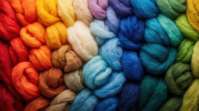 Colorful wool roving forms gradient stripes. Soft fluffy fiber bundles in red orange yellow green blue purple shades. Perfect for craft knitting spinning weaving projects.