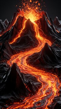 Fiery volcano eruption spews molten lava down barren rock slopes. Hot magma flows in rivers across a dark desolate landscape. Intense geological event with glowing orange streams.