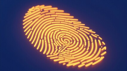 Naklejka premium A glowing orange fingerprint pattern against a deep blue background symbolizes modern biometric security and digital identity authentication.