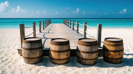 Fototapeta premium Wooden barrels rest on a white sandy beach beside a pier leading to turquoise ocean water. Bright blue sky with scattered clouds above calm sea and white sand.