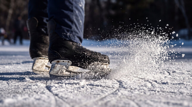 Skater performs a hard stop on ice, kicking up snow. The scene takes place outdoors in winter with trees visible in the background. Others enjoy the rink nearby