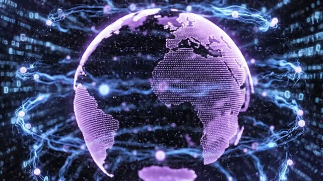 Digital earth globe with blue data streams and binary code