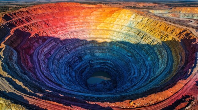 Vast open pit mine shows concentric circles colored red orange yellow blue. Sunlight casts shadows on deep layered earth revealing texture and form.