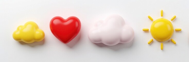 Obraz premium Yellow cloud, red heart, pink cloud and sun on white surface. Simple objects arranged in a row creating a cheerful atmosphere. This visual represents positivity, love, and good weather.