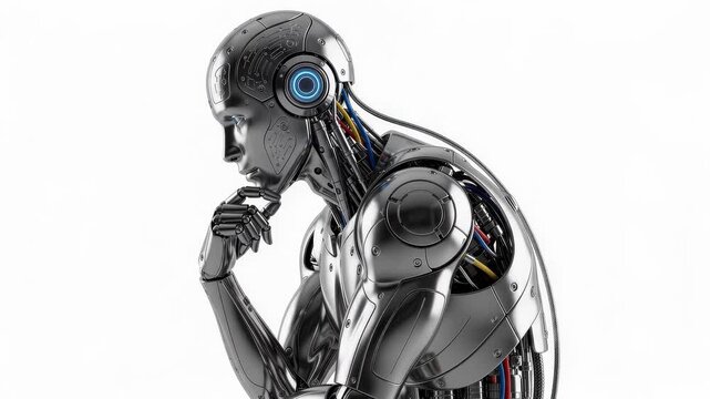 Thinking humanoid robot isolated on white background