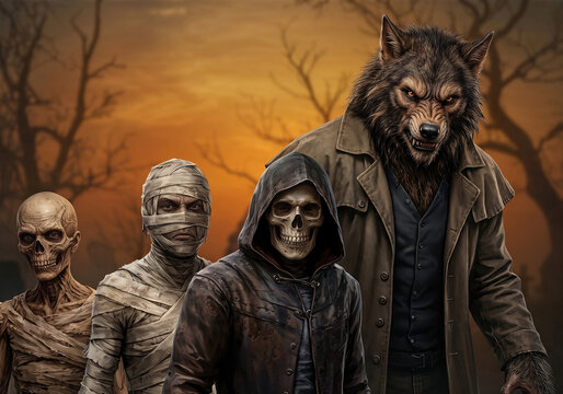 Group of spooky monsters including skeleton mummy and werewolf at sunset