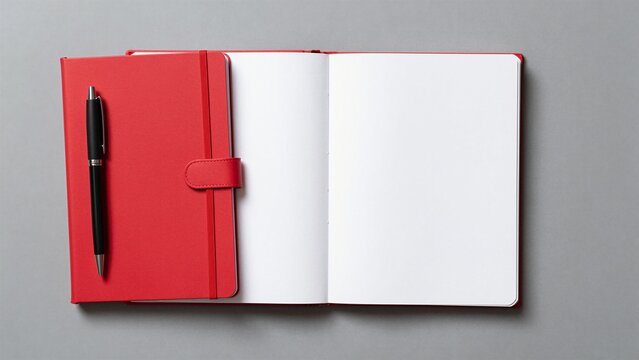 Minimalist stationery workspace setup with red notebook, black pen, and blank pages ready for writing or sketching.