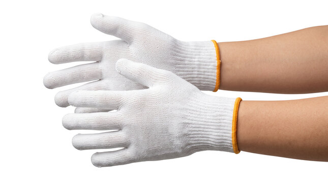 Pair of white work gloves with yellow cuffs on human hands against transparent background for safety and protection.