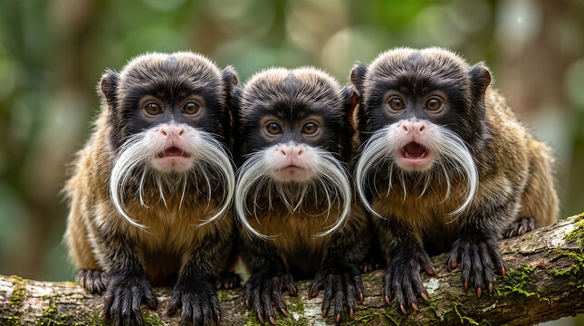 Three Emperor Tamarins ,Saguinus imperator, perched together on a branch