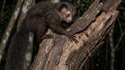 Naklejka premium A rare aye-aye using its elongated middle finger to search for insects beneath tree bark in the Madagascar rainforest