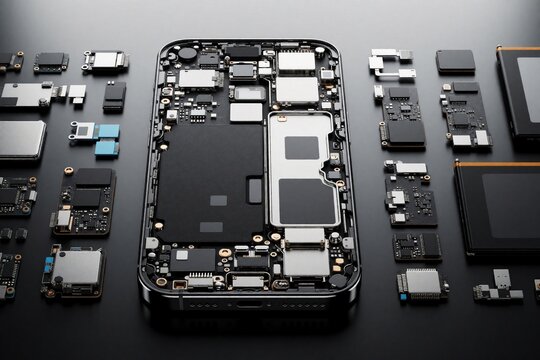 Disassembled smartphone shows intricate internal components and circuits laid out on dark surface. Small parts and battery visible around main board. Tech concept.