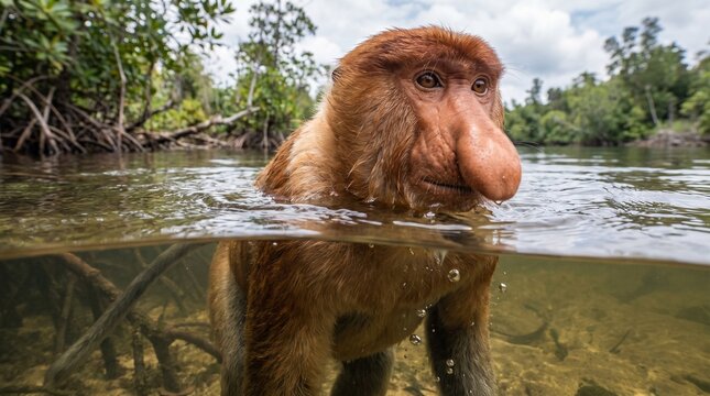 A rare proboscis monkey wading through a shallow tropical river with only its upper body visible above the water, captured from a partially submerged perspective