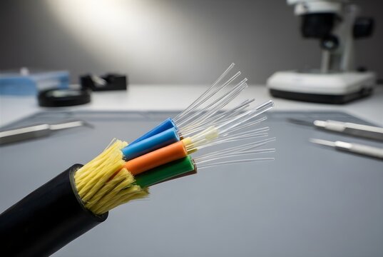 Stripped fiber optic cable showing glass strands and color-coded buffer tubes on laboratory workbench with microscope