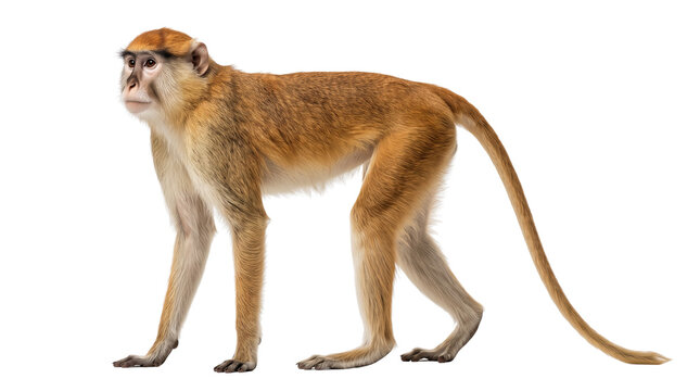 Brown monkey with long tail walking on transparent background in profile view, wild primate animal for nature and safari themes.
