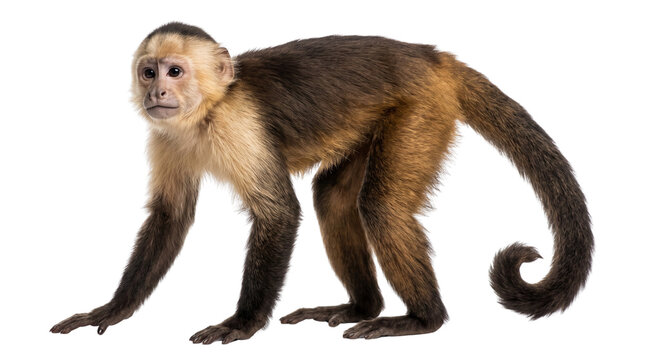 Capuchin monkey walking on four limbs with light brown fur and dark brown mane, isolated on transparent background for wildlife and animal research imagery.