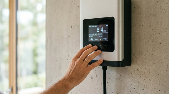 Close-up of a person's hand touching a solar power inverter display on a concrete wall, showing energy production and CO2 savings data for a home energy management system.