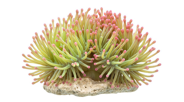 Sea anemone with pink tentacles on rock in ocean for underwater marine life and aquatic ecosystem.