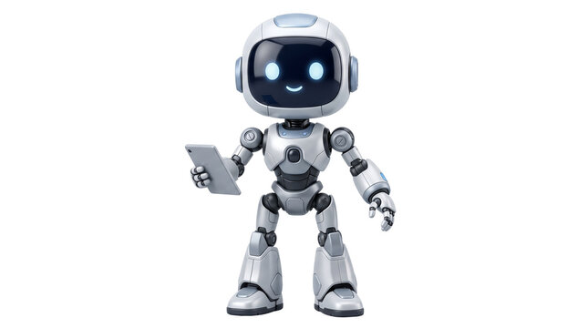 White and gray friendly robot character holding digital tablet or smartphone ready to assist and provide information with artificial intelligence.